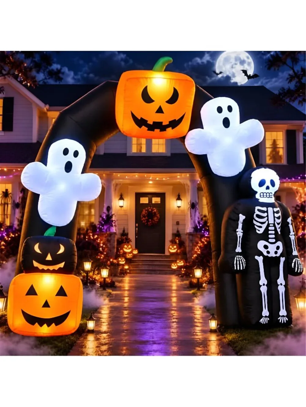 8FT Halloween Inflatable Archway with Pumpkin & Ghost, Built-in LED